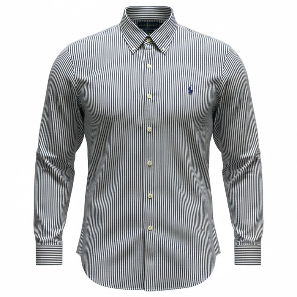 RALPH LAUREN BUTTON DOWN SHIRT, STRIPED, 16.5, 34/35, LARGE, BLUE WHITE